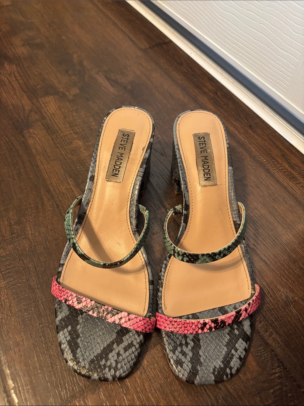 Steve Madden Snake-Print Heeled Sandals with Pink and Green Accents